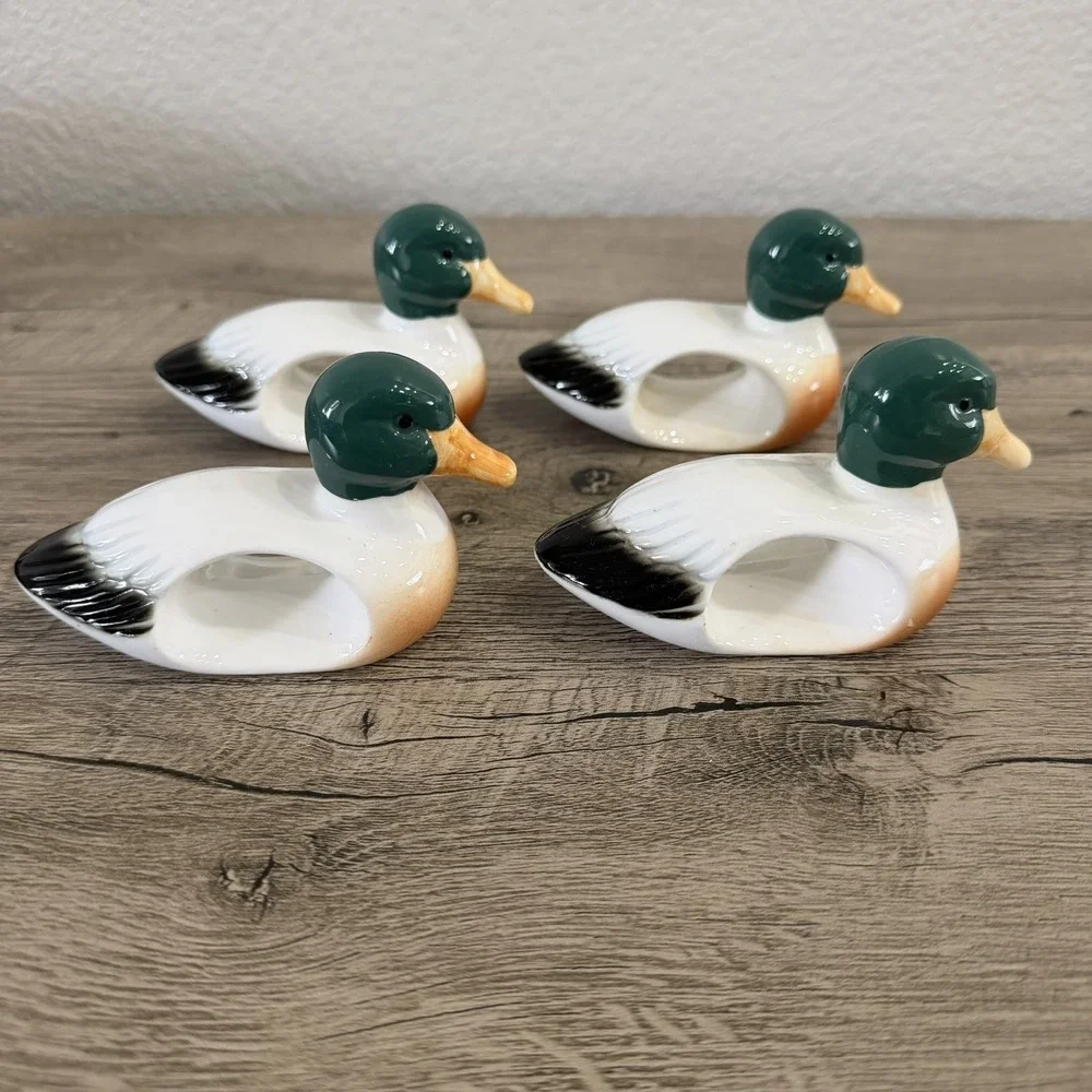 Set Of 4 Mallard Duck Napkin Rings Porcelain Dining Decor Vintage Hunting
